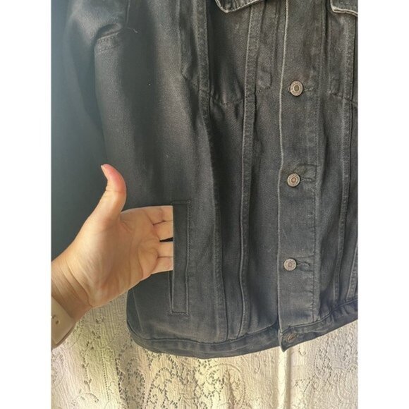 Embroidered Butterfly‎ Jean Jacket Black XL Oversized Denim Upcycled - Picture 6 of 7